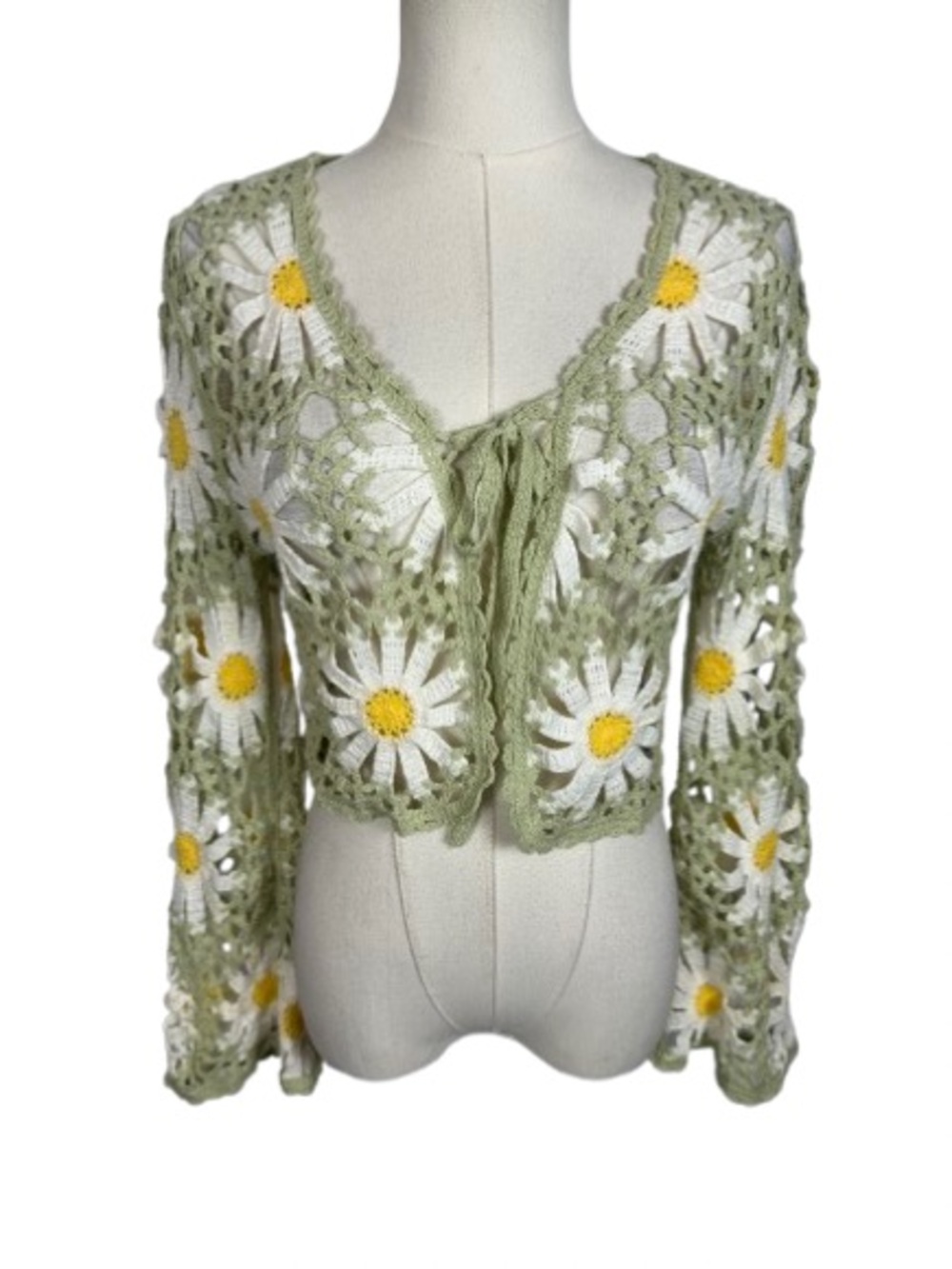 Francesca's Collections Sage Green Crochet Daisy Cardigan